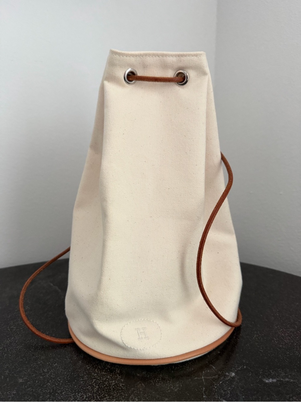 Hermes Cream Canvas Bucket Bag w/ Brown Leather Drawstring - Authentic Pre-Loved - Picture 2 of 11
